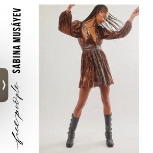 Free People Sabina Musayev RARE Dress Metallic Gold multi color Med